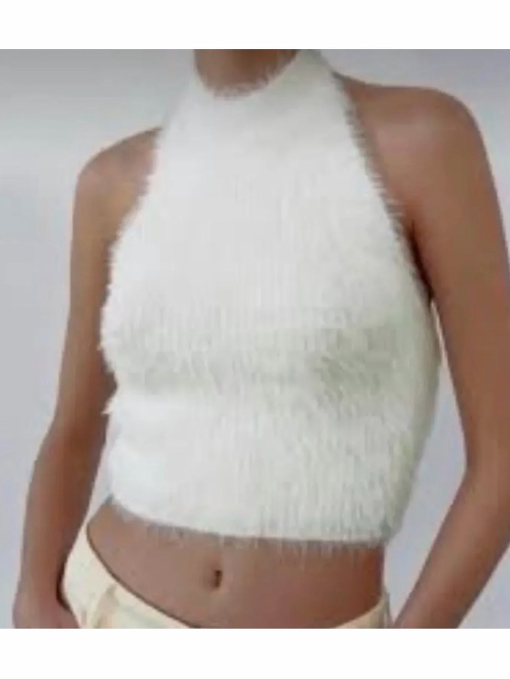 Zara White Faux-Fur Halter Crop Top Size Small